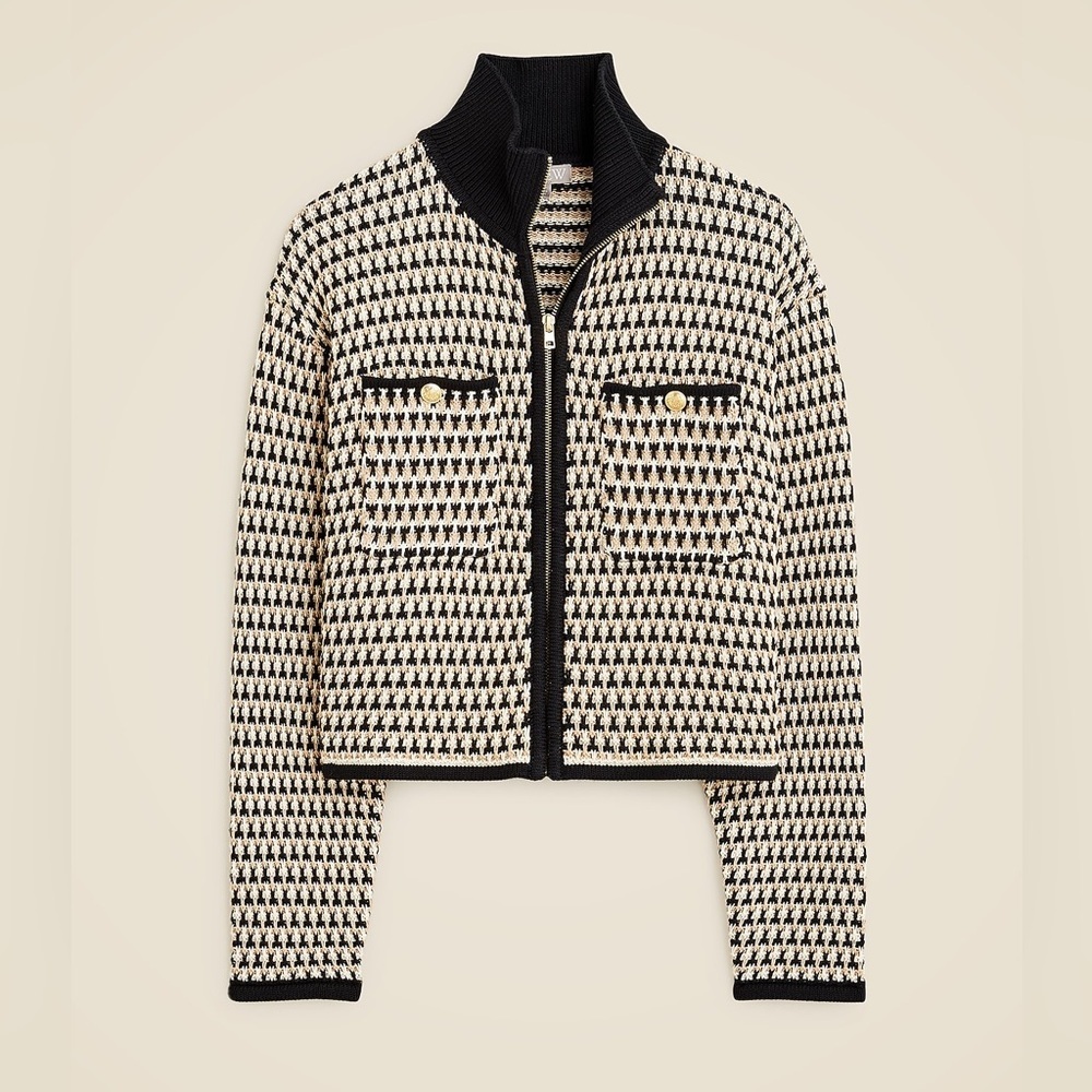 J.Crew Jacquard Sweater-Jacket Tan Black Full Zip Chunky Knit Preppy Luxury